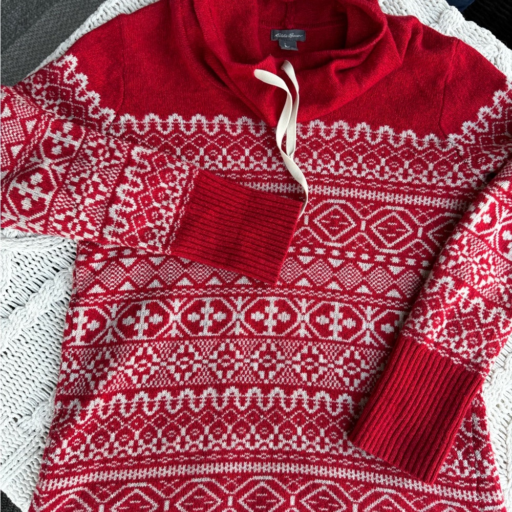 Eddie Bauer Cozy Nordic Fair Island‎ Cowl Neck Sweater, Red/Cream Medium